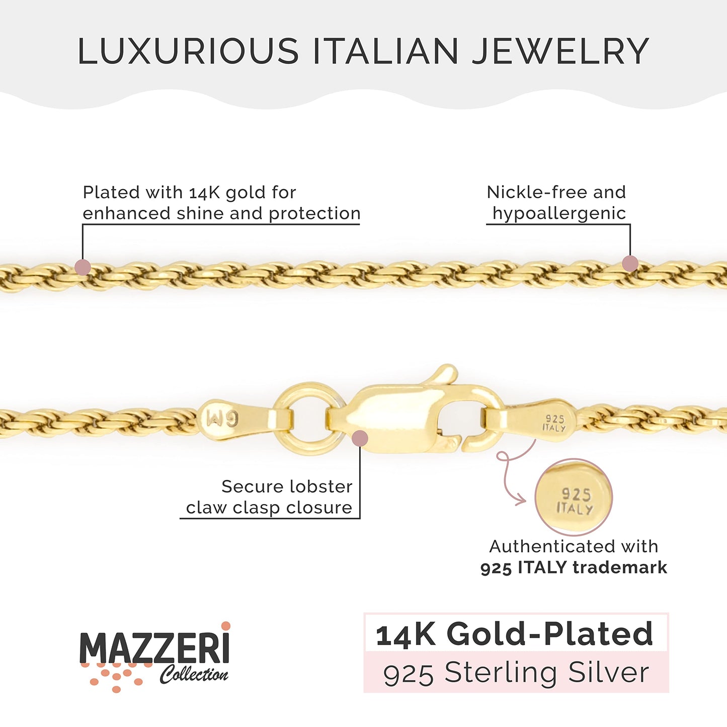 MAZZERI Solid Gold Plated Sterling Silver Italian 1.6mm Diamond-Cut Braided Rope Chain Necklace for Men Women, 925 Sterling Silver Made in Italy