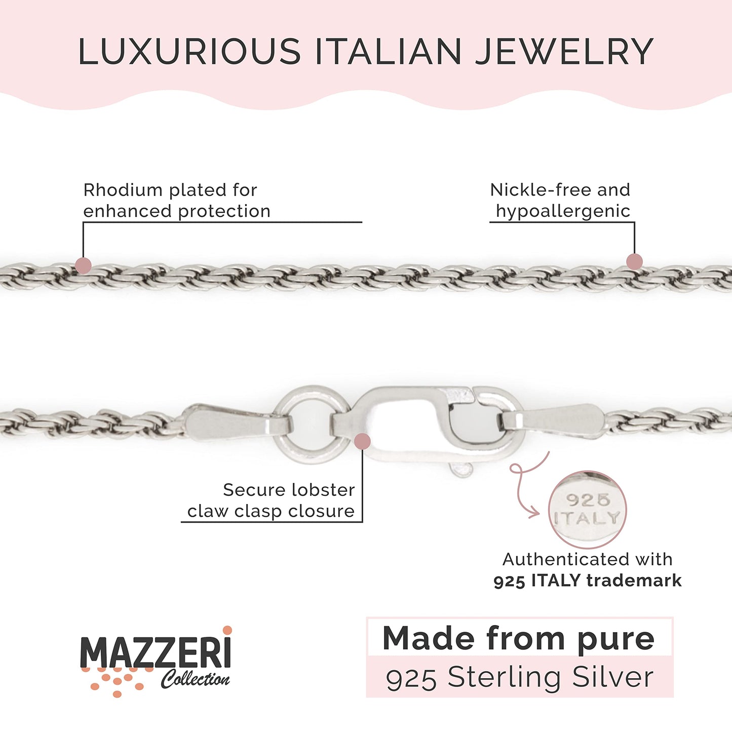 MAZZERI Rhodium Plated 925 Sterling Silver 1.3mm & 1.6mm Italian Rope Chain Necklace 16" - 24"