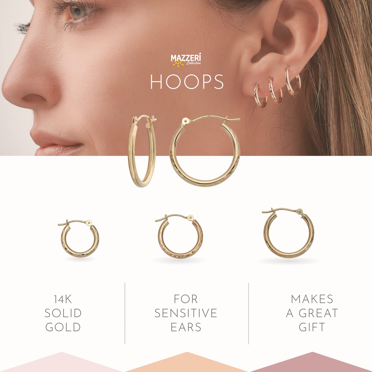 14k Gold Hoop Earrings, 2-mm Thick, Hypoallergenic, - Classic Diamond-cut Design