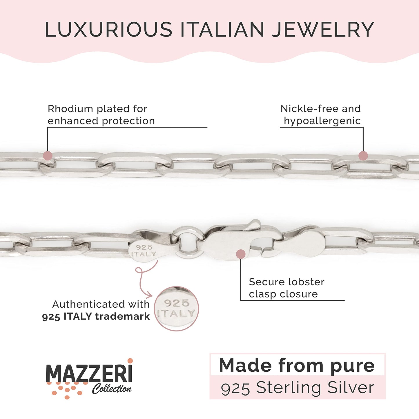 MAZZERI Rhodium Plated 925 Sterling Silver 3.5mm Paperclip Chain for Men and Women
