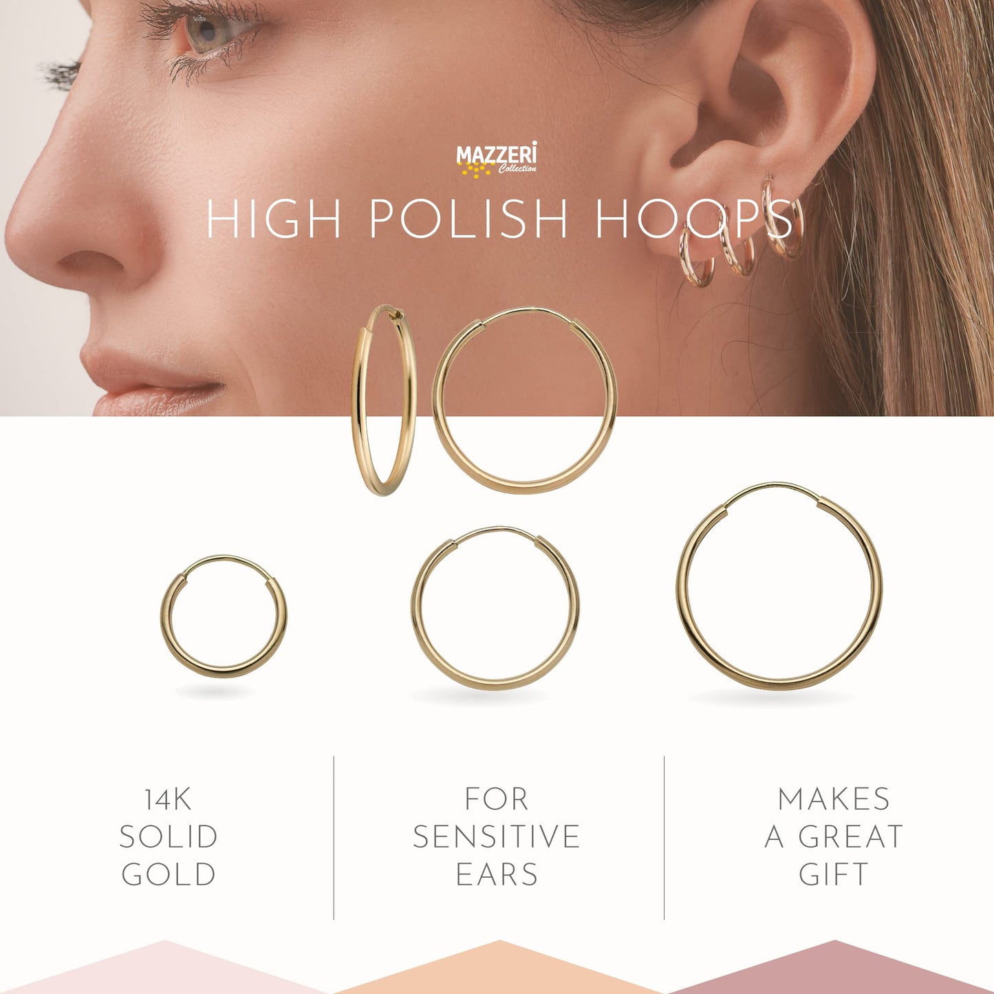 MAZZERI 14k Solid Gold Hoop Earrings For Women, Hypoallergenic, 1-mm thin, Round Endless Closure Gold Hoop Earrings 14k Real Gold