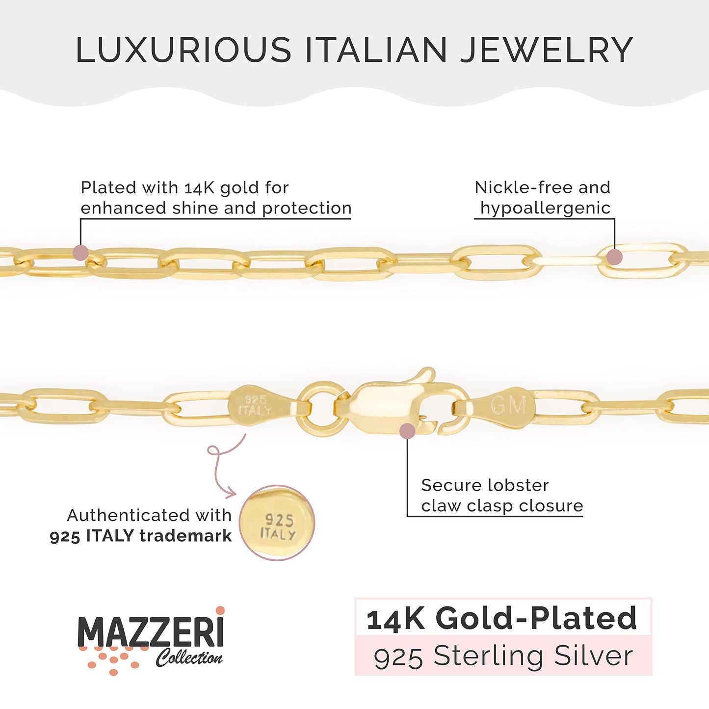 MAZZERI Gold Plated 925 Sterling Silver 2.5mm & 3.5mm Paperclip Chain for Men and Women