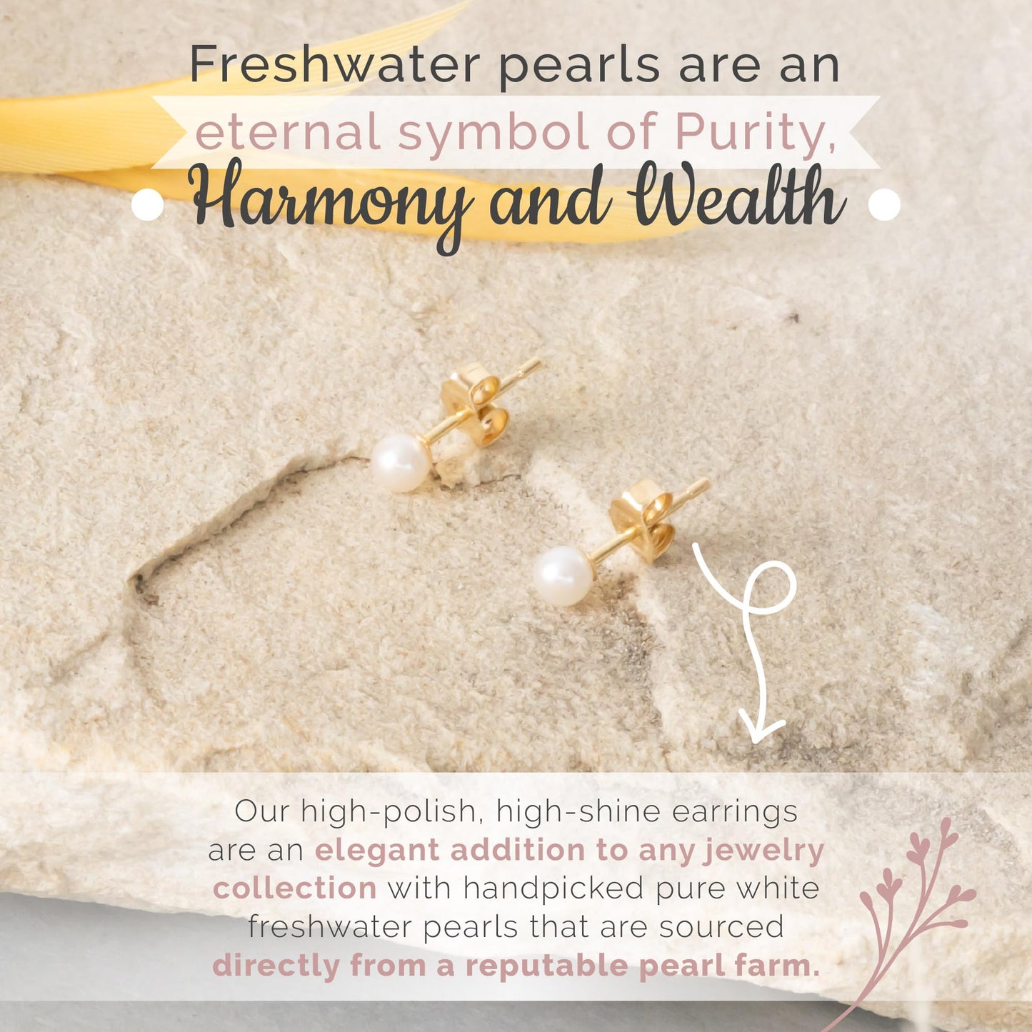 MAZZERI Solid 14k Gold Freshwater Button Pearl Stud Earrings for Women, Hypoallergenic Butterfly Pushback Studs