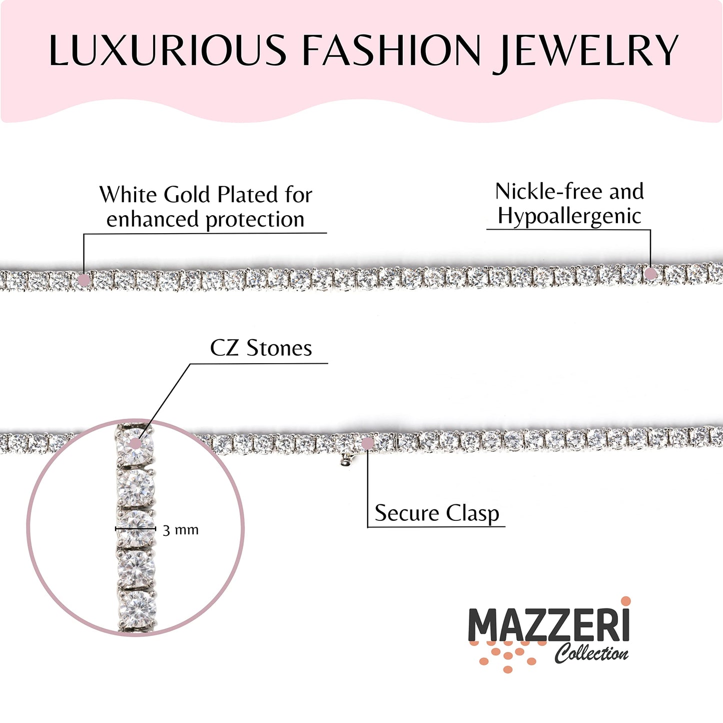 MAZZERI 3.0mm Round Cubic Zirconia Tennis Necklace For Woman And Men - White Gold Plated Hypoallergenic Faux Diamond Chain Necklace