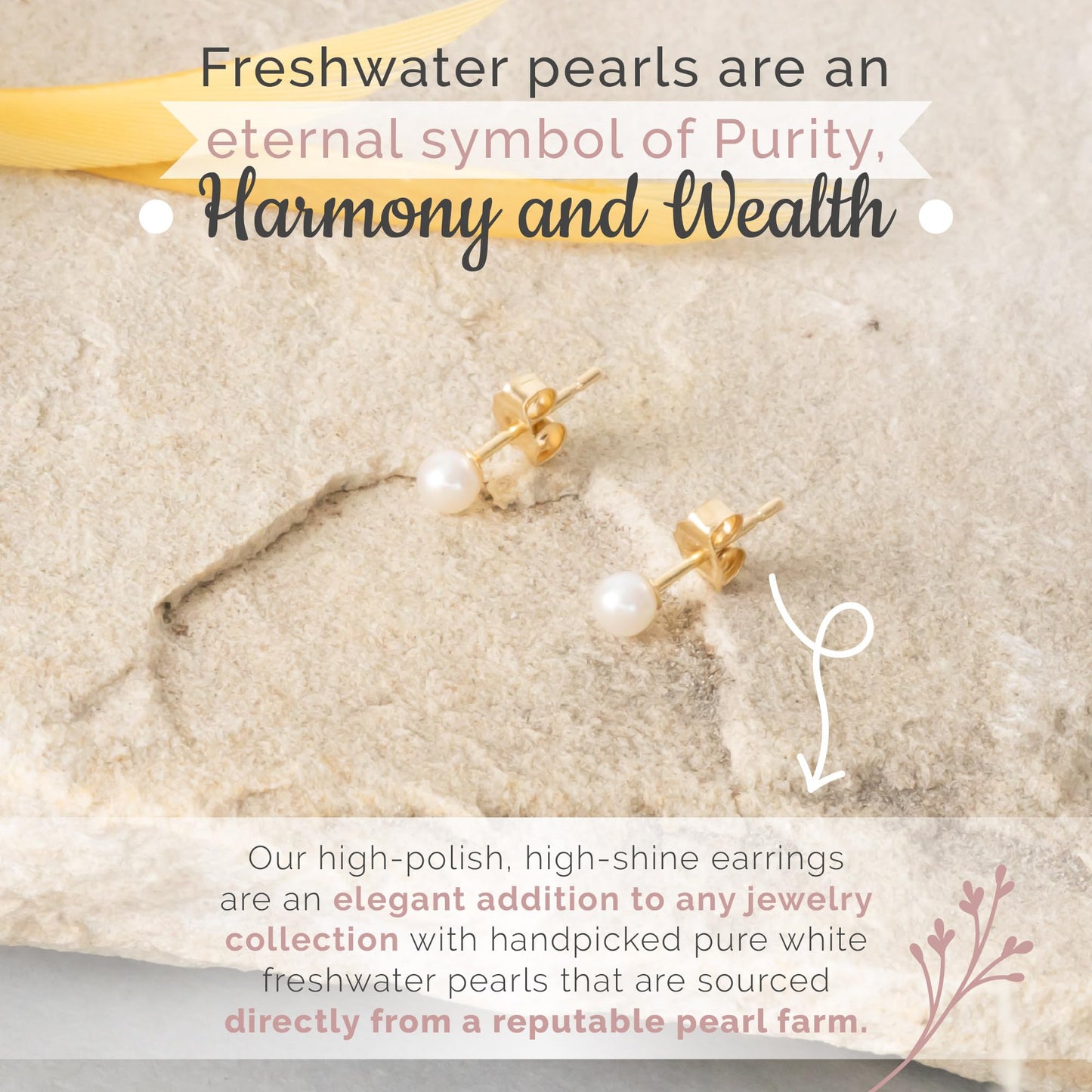 Solid 14k Gold & Freshwater Pearl Stud Earrings for Women, Hypoallergenic Butterfly Pushback Studs for Pierced Ears.