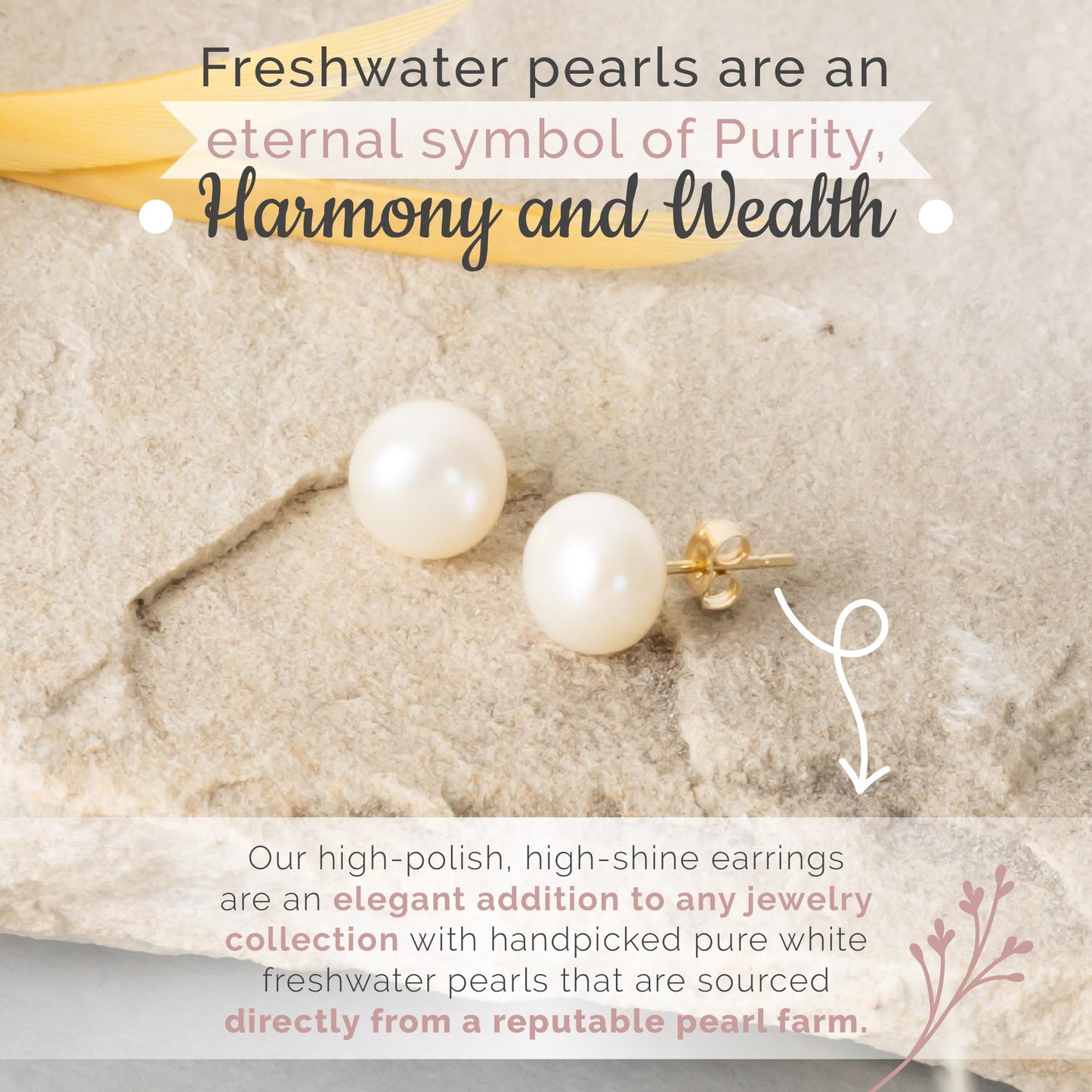 MAZZERI Solid 14k Gold Freshwater Button Pearl Stud Earrings for Women, Hypoallergenic Butterfly Pushback Studs