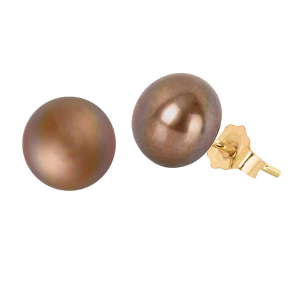 14k Gold Cultured Freshwater Pearl Stud Earrings For Women And Girls - Brown