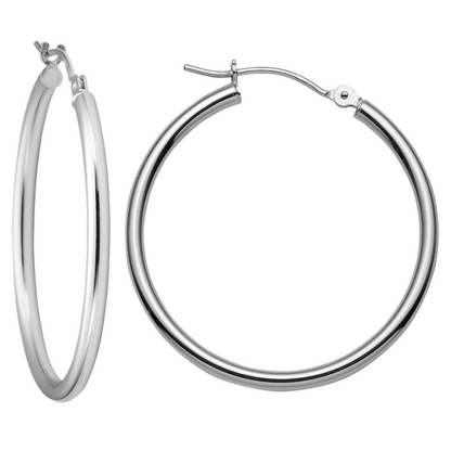 14K Real Solid White Gold Classic Polished Round Hoop Earrings All Sizes