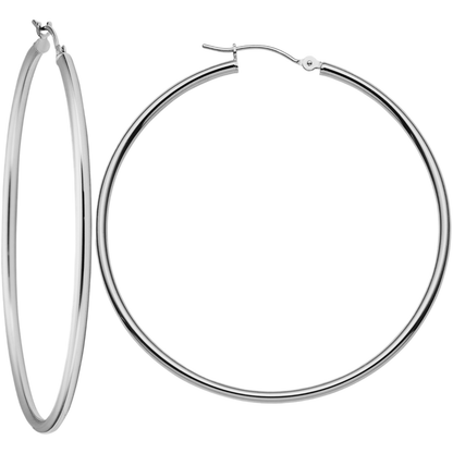 14K Real Solid White Gold Classic Polished Round Hoop Earrings All Sizes