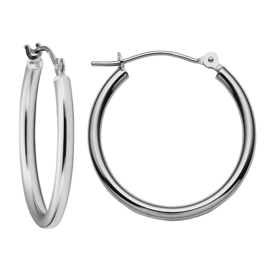 14K Real Solid White Gold Classic Polished Round Hoop Earrings All Sizes