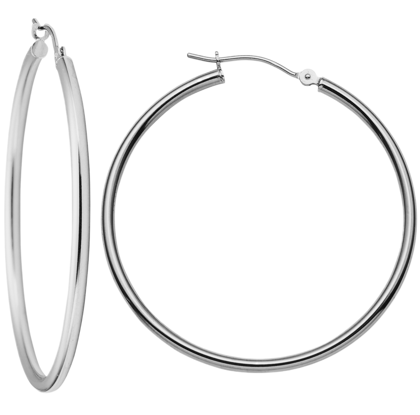 14K Real Solid White Gold Classic Polished Round Hoop Earrings All Sizes