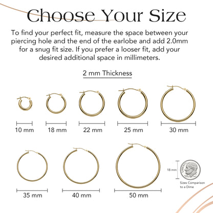 14k Gold Hoop Earrings, 2mm Thick