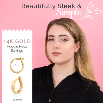 14k Gold Round Huggie Hoop Earrings - Diamond-cut (12mm)