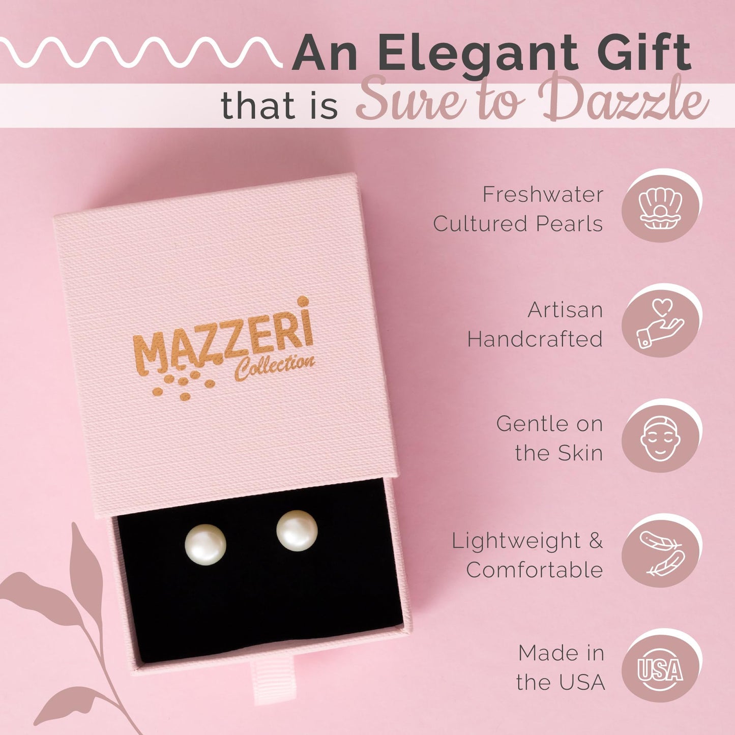 MAZZERI Solid 14k Gold Freshwater Button Pearl Stud Earrings for Women, Hypoallergenic Butterfly Pushback Studs