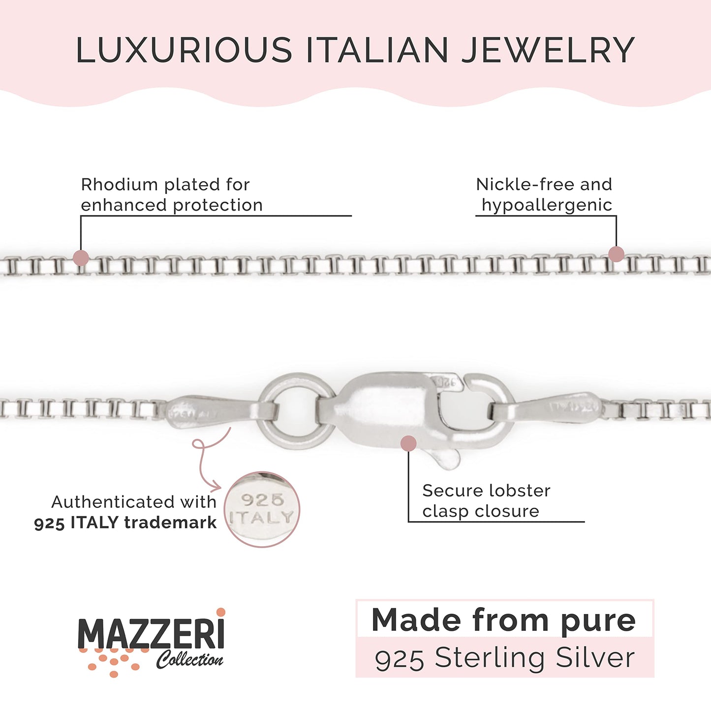 MAZZERI Rhodium Plated 925 Sterling Silver 1mm & 1.6mm Italian Box Chain Necklace 16" - 24"