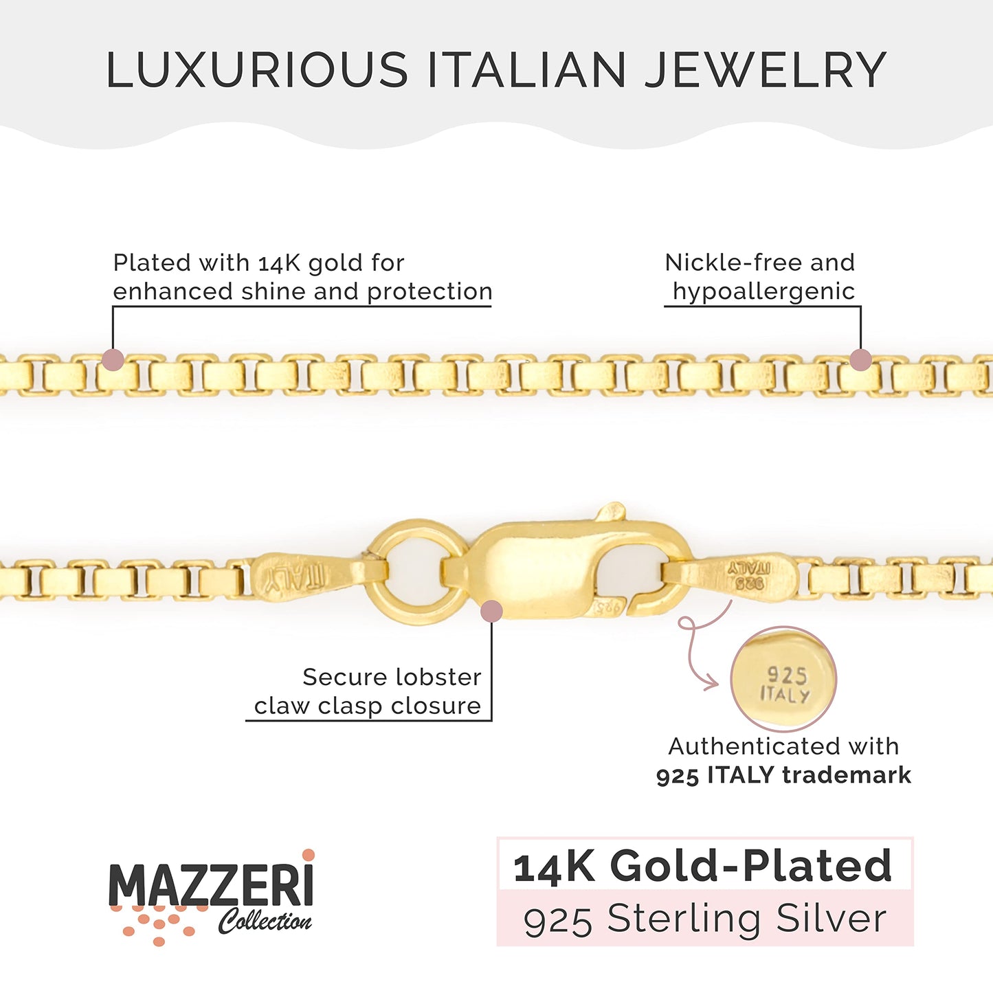 MAZZERI Gold Plated 925 Sterling Silver 1mm & 1.6mm Italian Box Chain Necklace 16" - 24"