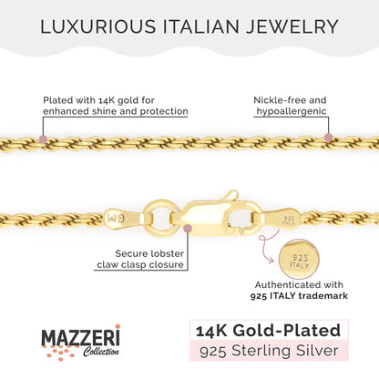 MAZZERI Solid Gold Plated Sterling Silver Italian 1.6mm Diamond-Cut Braided Rope Chain Necklace for Men Women, 925 Sterling Silver Made in Italy