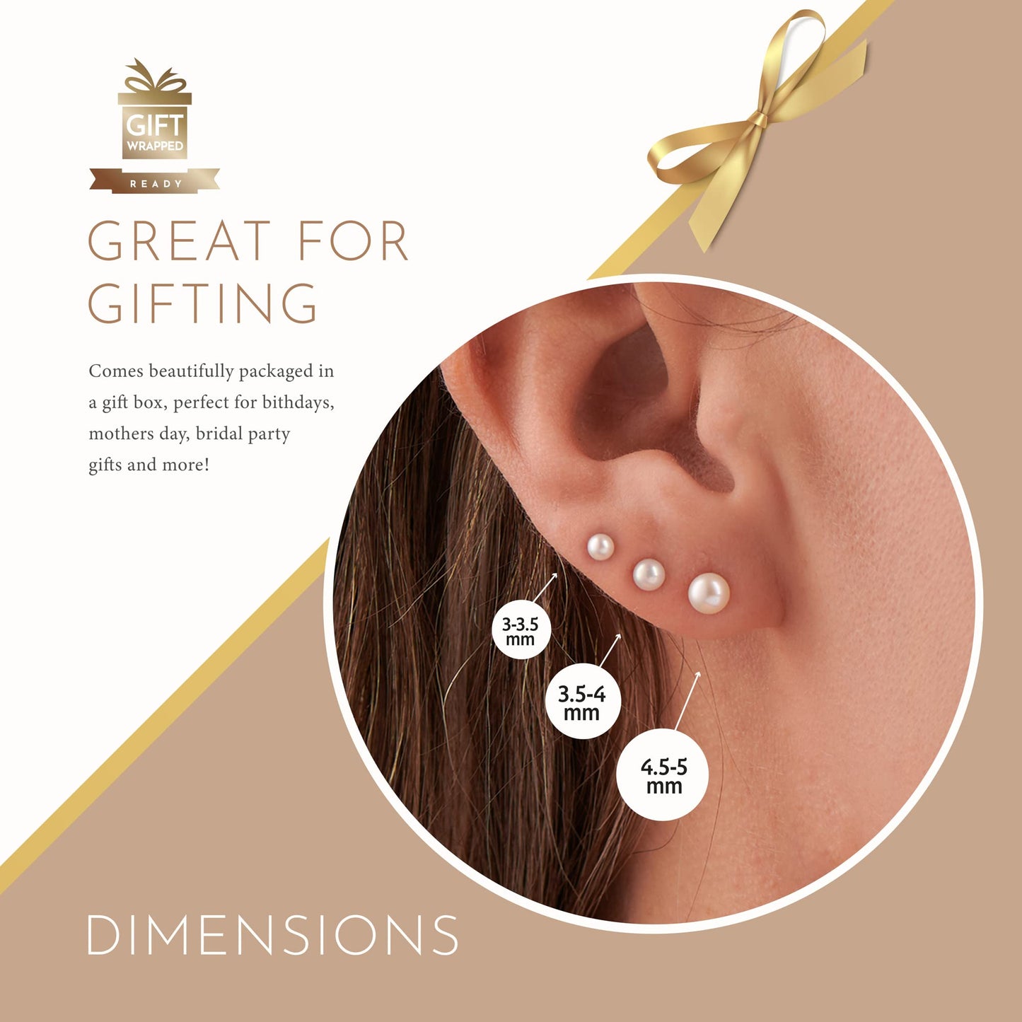 Solid 14k Gold & Freshwater Pearl Stud Earrings for Women, Hypoallergenic Butterfly Pushback Studs for Pierced Ears.