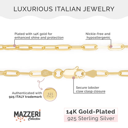 MAZZERI Solid Gold Plated Sterling Silver Italian 2.5 Paperclip Chain Necklace for Men Women, 925 Sterling Silver Made in Italy