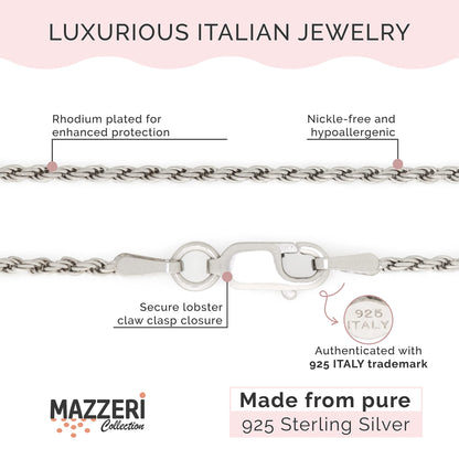 MAZZERI Rhodium Plated 925 Sterling Silver 1.3mm & 1.6mm Italian Rope Chain Necklace 16" - 24"