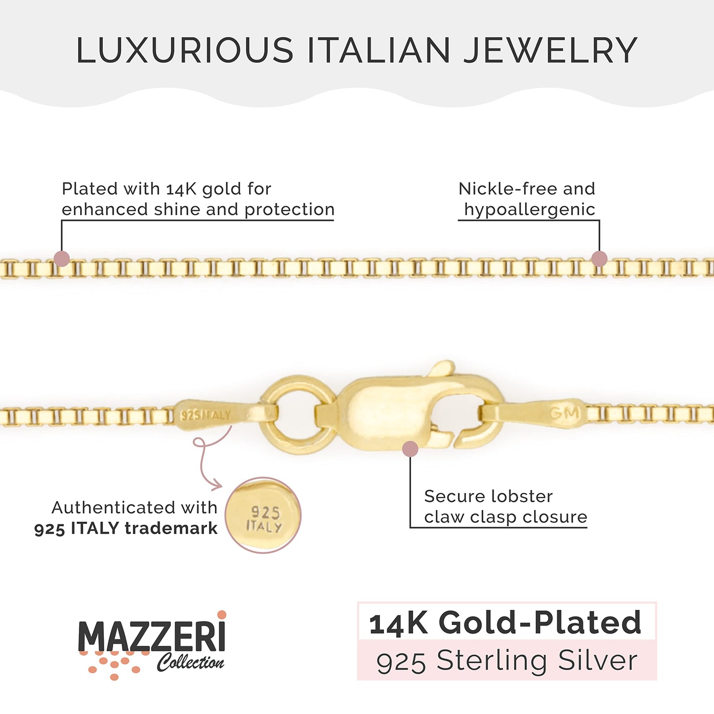 MAZZERI Gold Plated 925 Sterling Silver 1mm & 1.6mm Italian Box Chain Necklace 16" - 24"