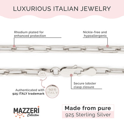 MAZZERI Rhodium Plated 925 Sterling Silver 3.5mm Paperclip Chain for Men and Women