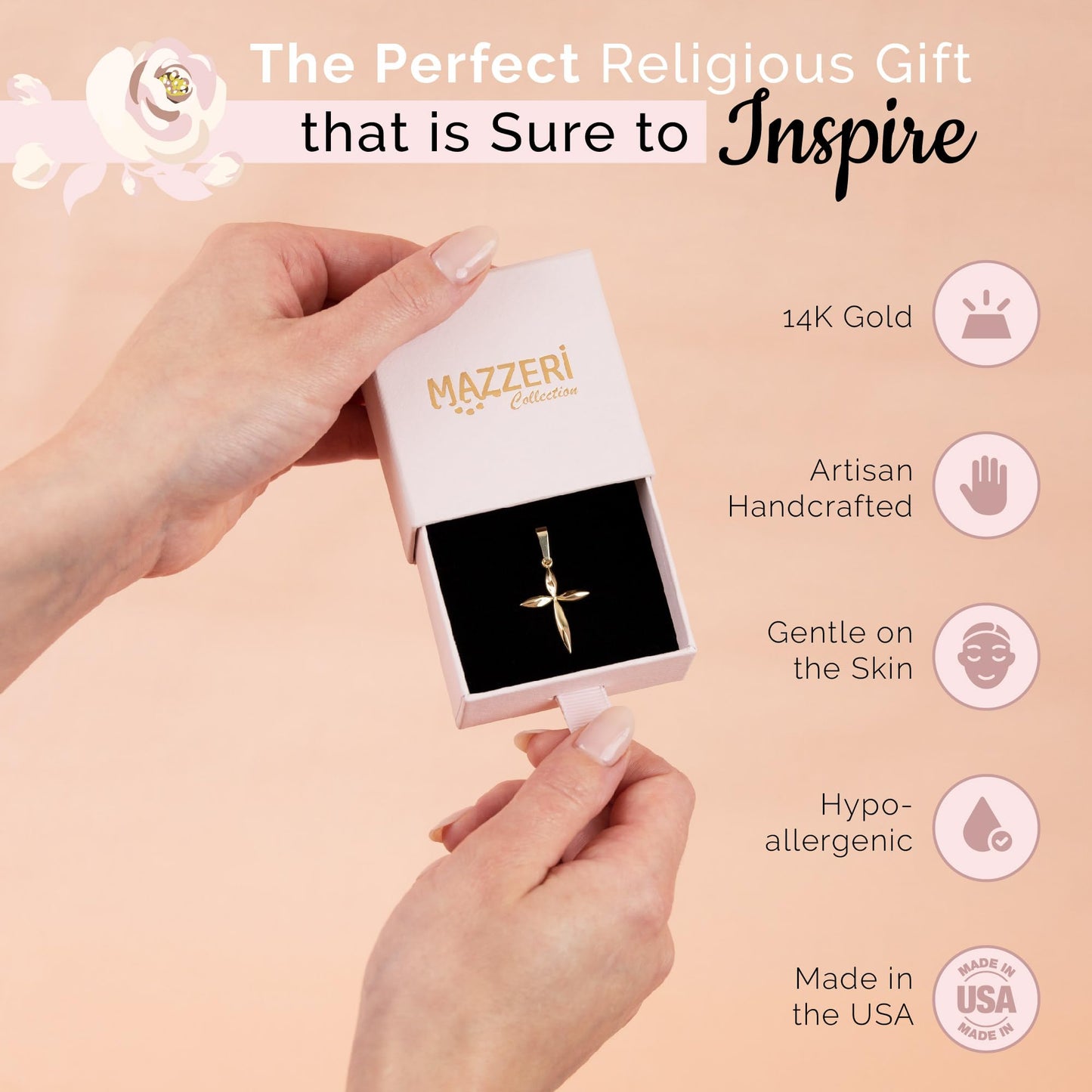 14k Gold Cross Pendant - Angel Design