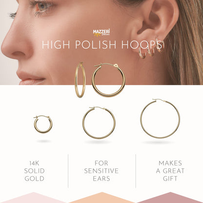 MAZZERI 14k Solid Gold Hoop Earrings For Women, Hypoallergenic, Classic Round Click-Top Closure Gold Hoop Earrings 14k Real Gold