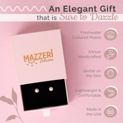 MAZZERI Solid 14k Gold Freshwater Button Pearl Stud Earrings for Women, Hypoallergenic Butterfly Pushback Studs