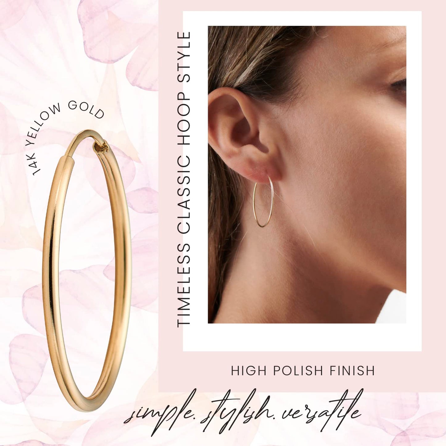 MAZZERI 14k Solid Gold Hoop Earrings For Women, Hypoallergenic, 1-mm thin, Round Endless Closure Gold Hoop Earrings 14k Real Gold