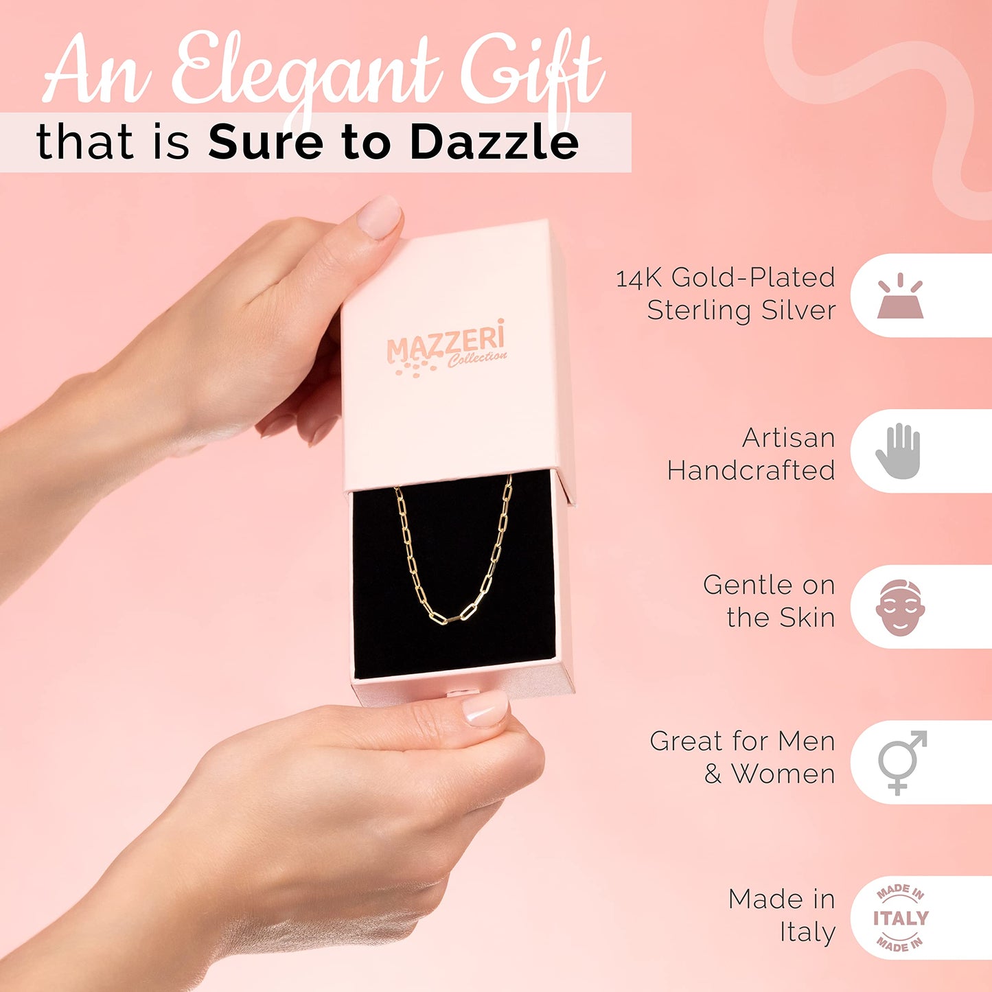 MAZZERI Gold Plated 925 Sterling Silver 2.5mm & 3.5mm Paperclip Chain for Men and Women