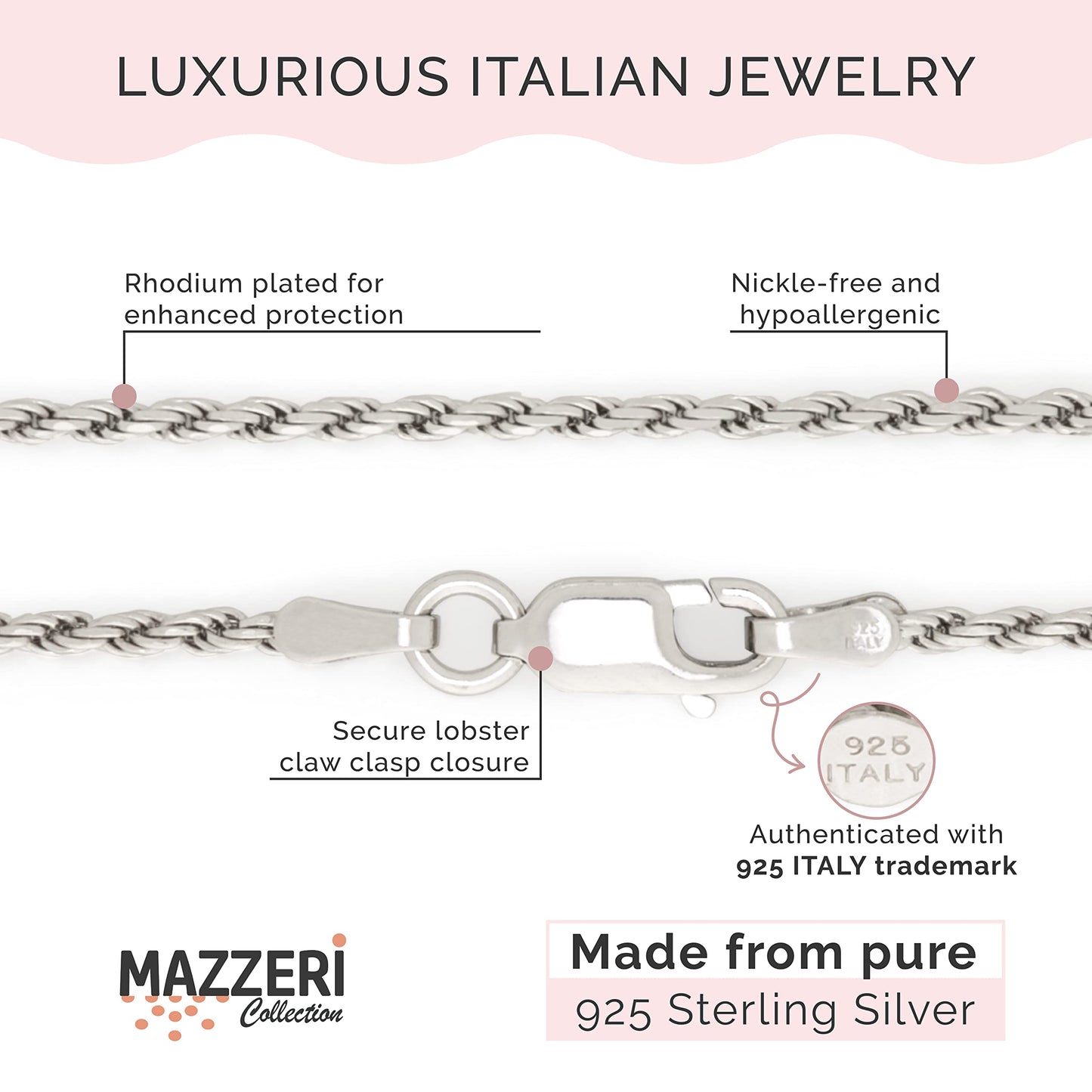 MAZZERI Rhodium Plated 925 Sterling Silver 1.3mm, 1.6mm, 2mm, 3mm Italian Rope Chain Necklace 16" - 24"