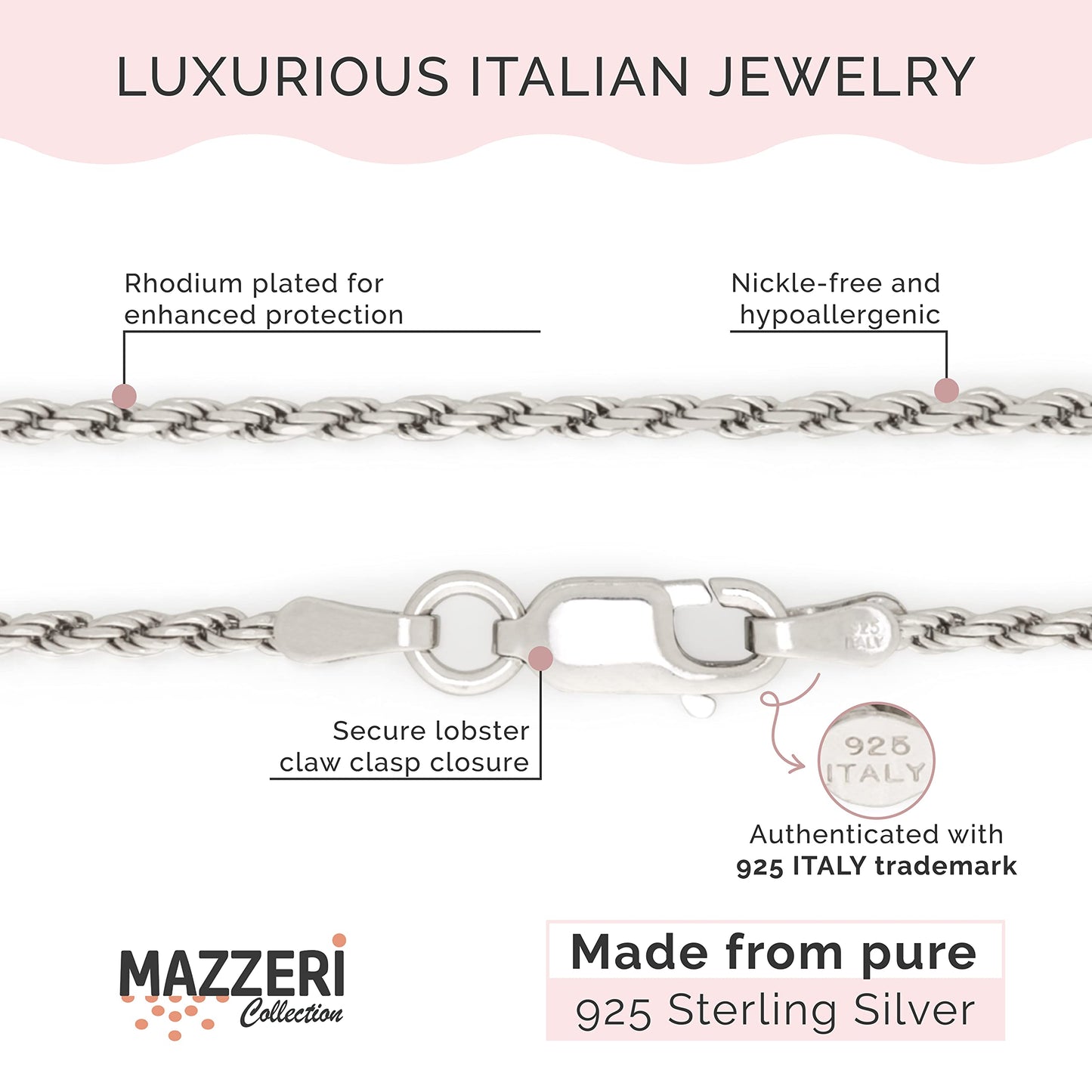 MAZZERI Rhodium Plated 925 Sterling Silver 1.3mm & 1.6mm Italian Rope Chain Necklace 16" - 24"
