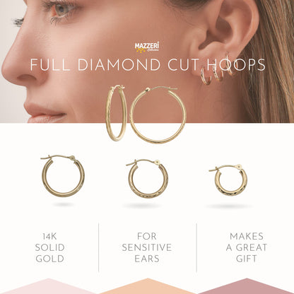 14k Gold Hoop Earrings, 2-mm Thick, Hypoallergenic, - Classic Diamond-cut Design