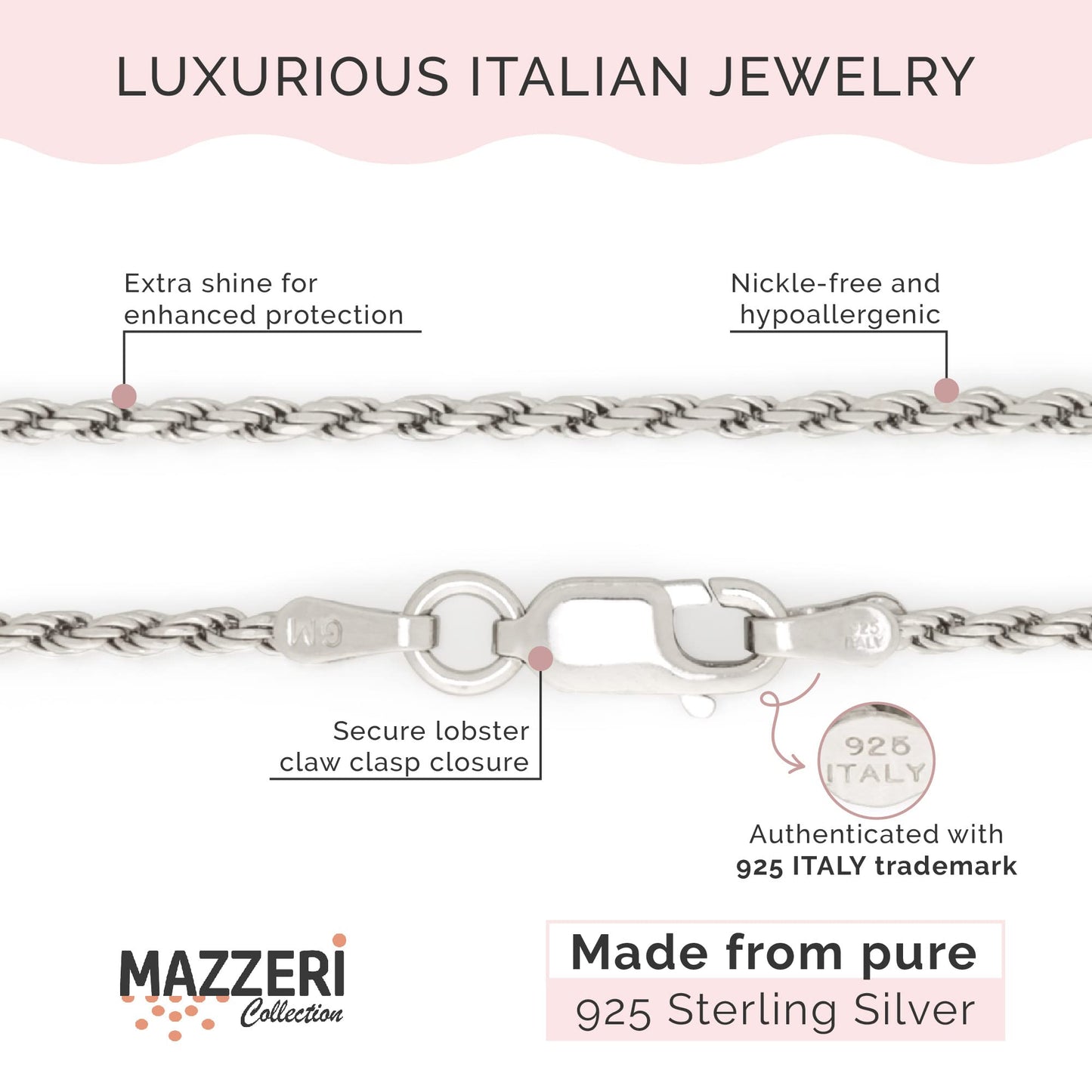 MAZZERI Solid Sterling Silver Italian 1.3mm & 1.6mm Diamond-Cut Braided Rope Chain Necklace for Men Women, 925 Sterling Silver Made in Italy