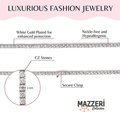 MAZZERI 3.0mm Round Cubic Zirconia Tennis Necklace For Woman And Men - White Gold Plated Hypoallergenic Faux Diamond Chain Necklace