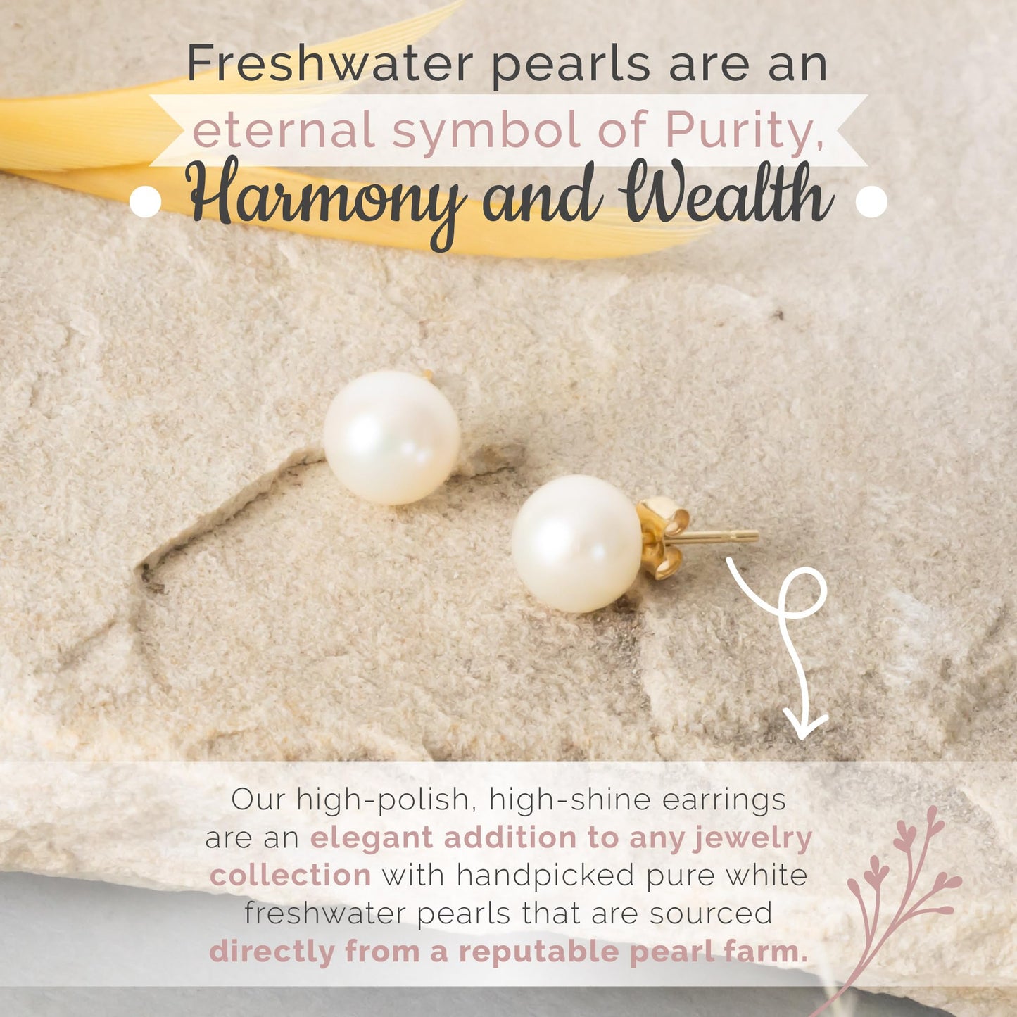 MAZZERI Solid 14k Gold Freshwater Button Pearl Stud Earrings for Women, Hypoallergenic Butterfly Pushback Studs