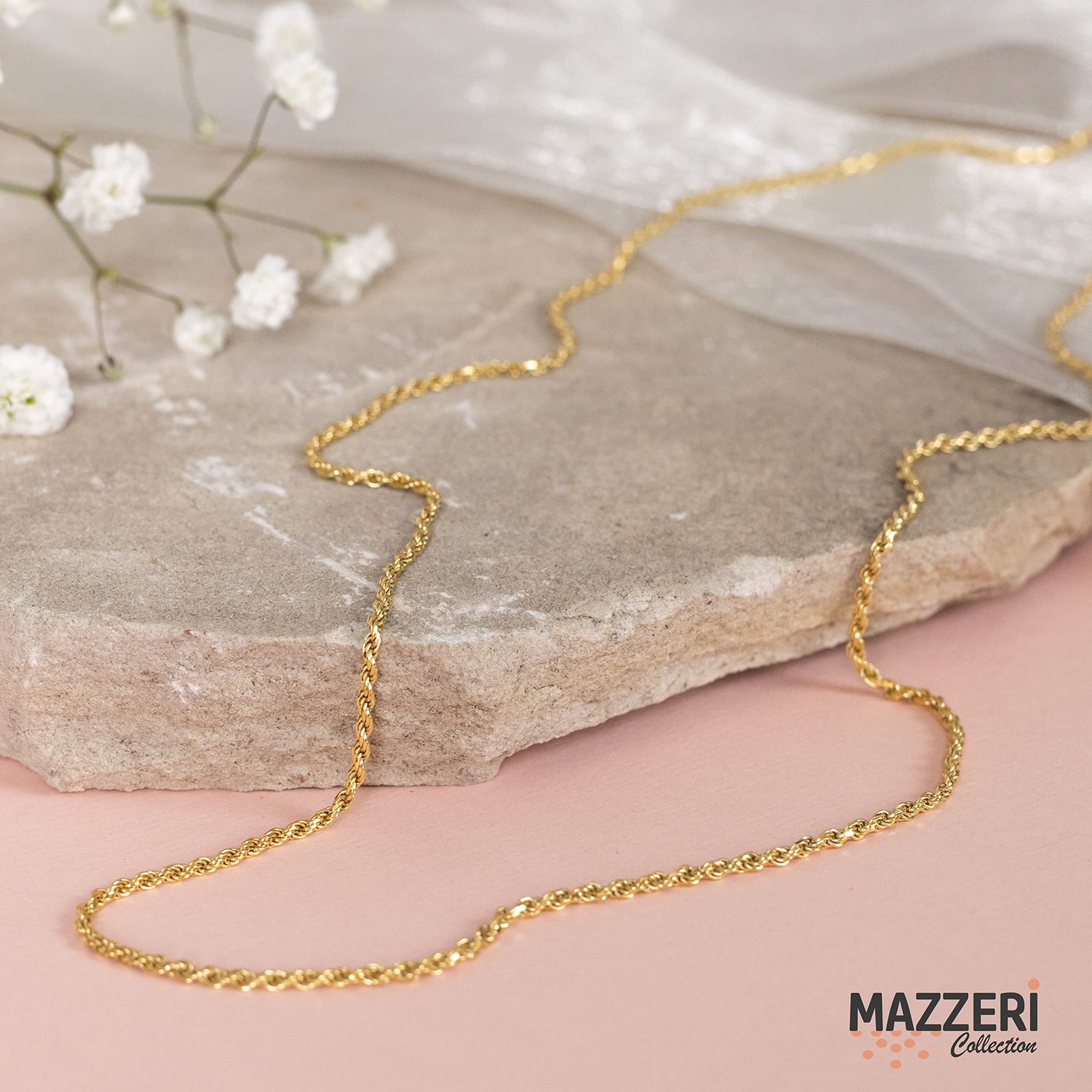 MAZZERI Solid Gold Plated Sterling Silver Italian 1.6mm Diamond-Cut Braided Rope Chain Necklace for Men Women, 925 Sterling Silver Made in Italy