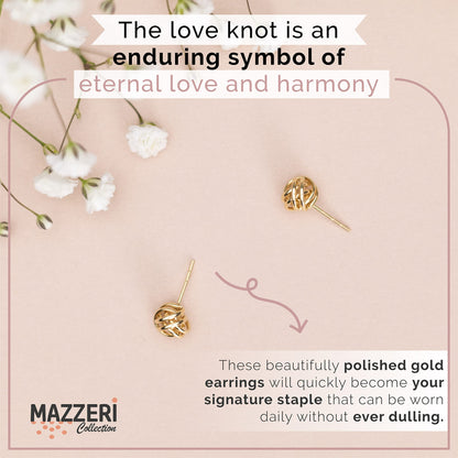MAZZERI 14k Gold Love Knot Earrings For Women, Classic 14K Gold Knot Earrings For Women- Handmade in USA Solid Gold, Butterfly Pushback Closure, Hypoallergenic,14K Gold Earrings For Woman (7mm)