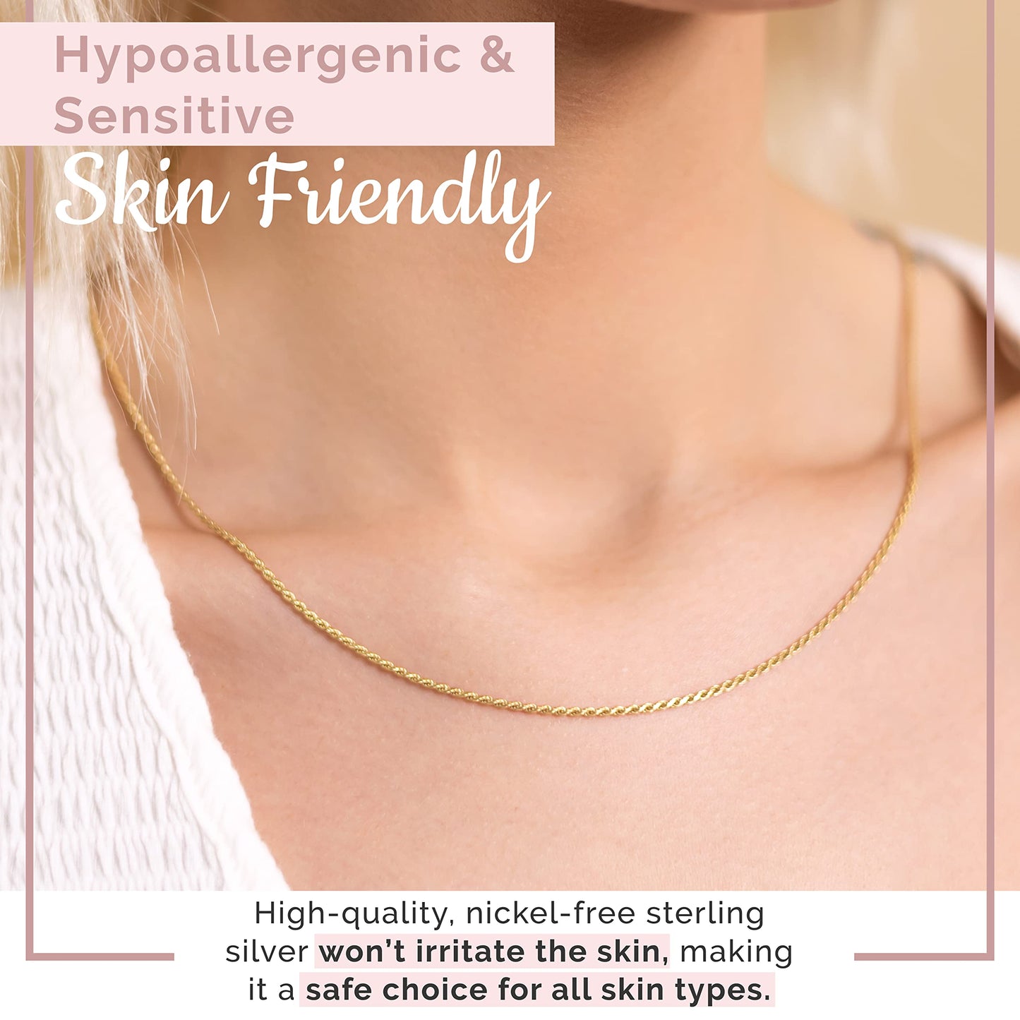 MAZZERI Solid Gold Plated Sterling Silver Italian 1.6mm Diamond-Cut Braided Rope Chain Necklace for Men Women, 925 Sterling Silver Made in Italy