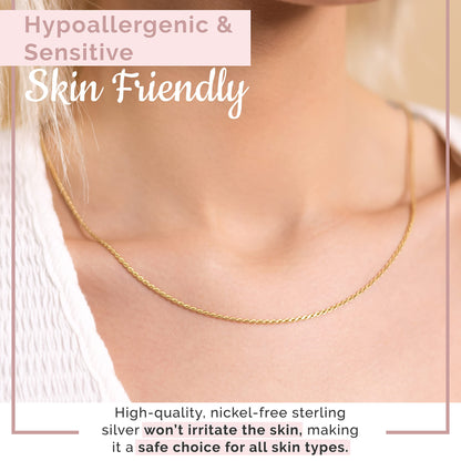MAZZERI Solid Gold Plated Sterling Silver Italian 1.6mm Diamond-Cut Braided Rope Chain Necklace for Men Women, 925 Sterling Silver Made in Italy
