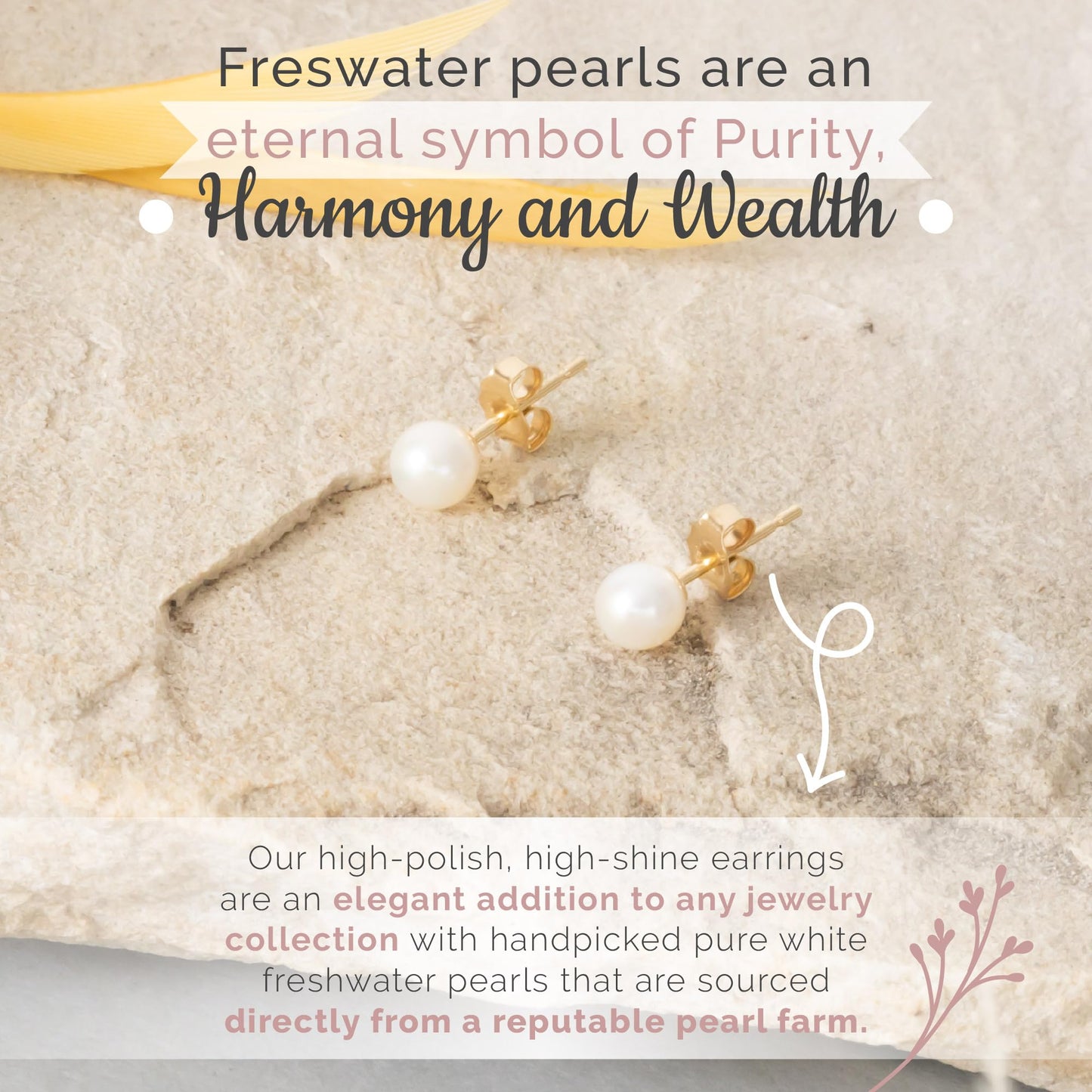 Solid 14k Gold & Freshwater Pearl Stud Earrings for Women, Hypoallergenic Butterfly Pushback Studs for Pierced Ears.