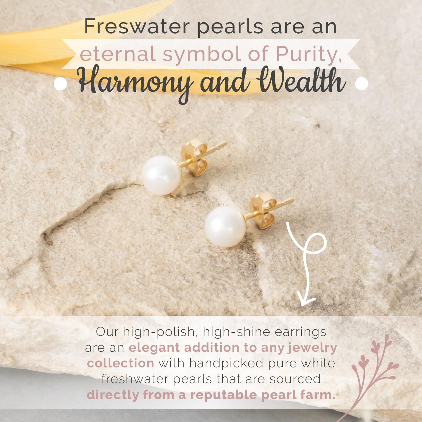 Solid 14k Gold & Freshwater Pearl Stud Earrings for Women, Hypoallergenic Butterfly Pushback Studs for Pierced Ears.