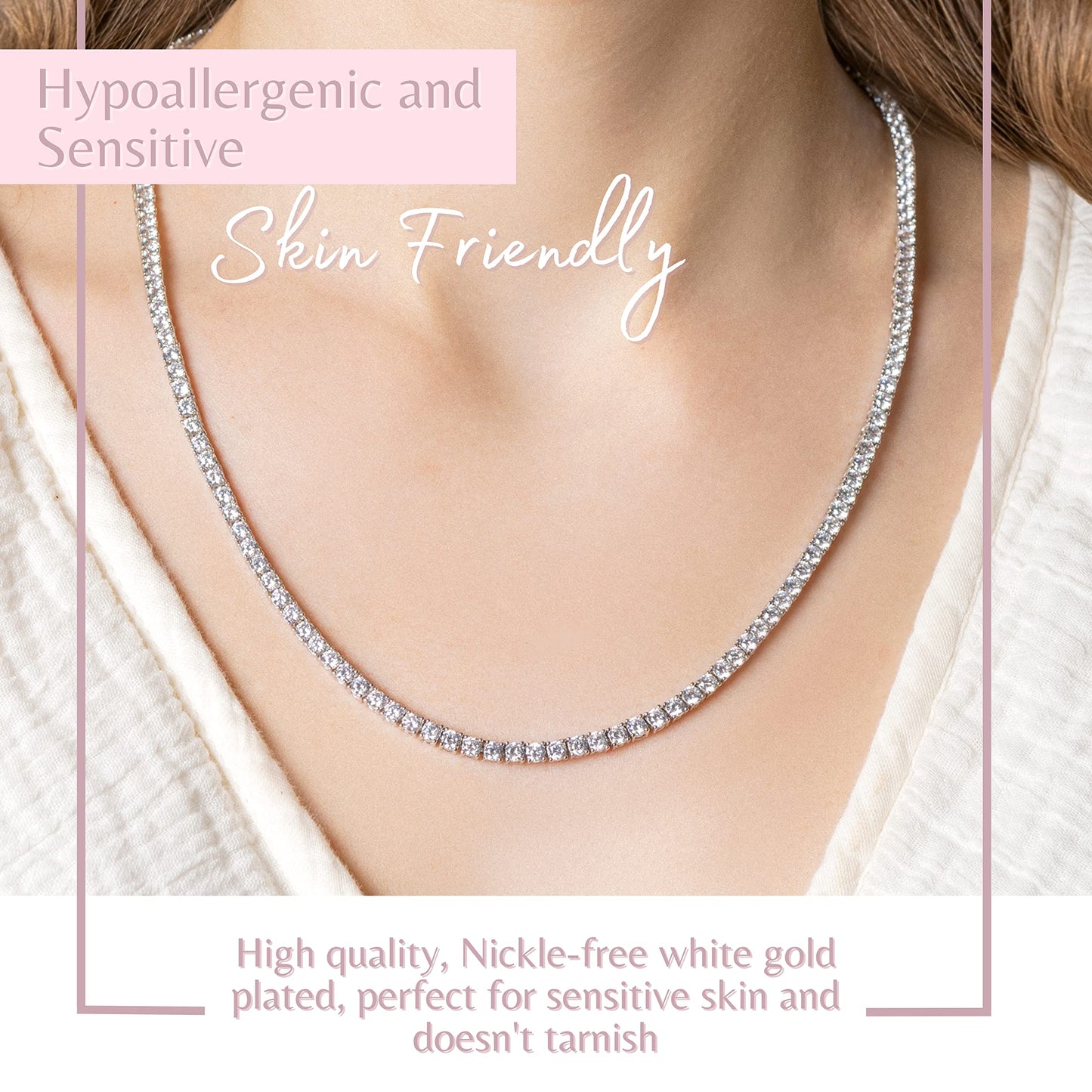 MAZZERI 3.0mm Round Cubic Zirconia Tennis Necklace For Woman And Men - White Gold Plated Hypoallergenic Faux Diamond Chain Necklace