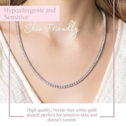 MAZZERI 3.0mm Round Cubic Zirconia Tennis Necklace For Woman And Men - White Gold Plated Hypoallergenic Faux Diamond Chain Necklace
